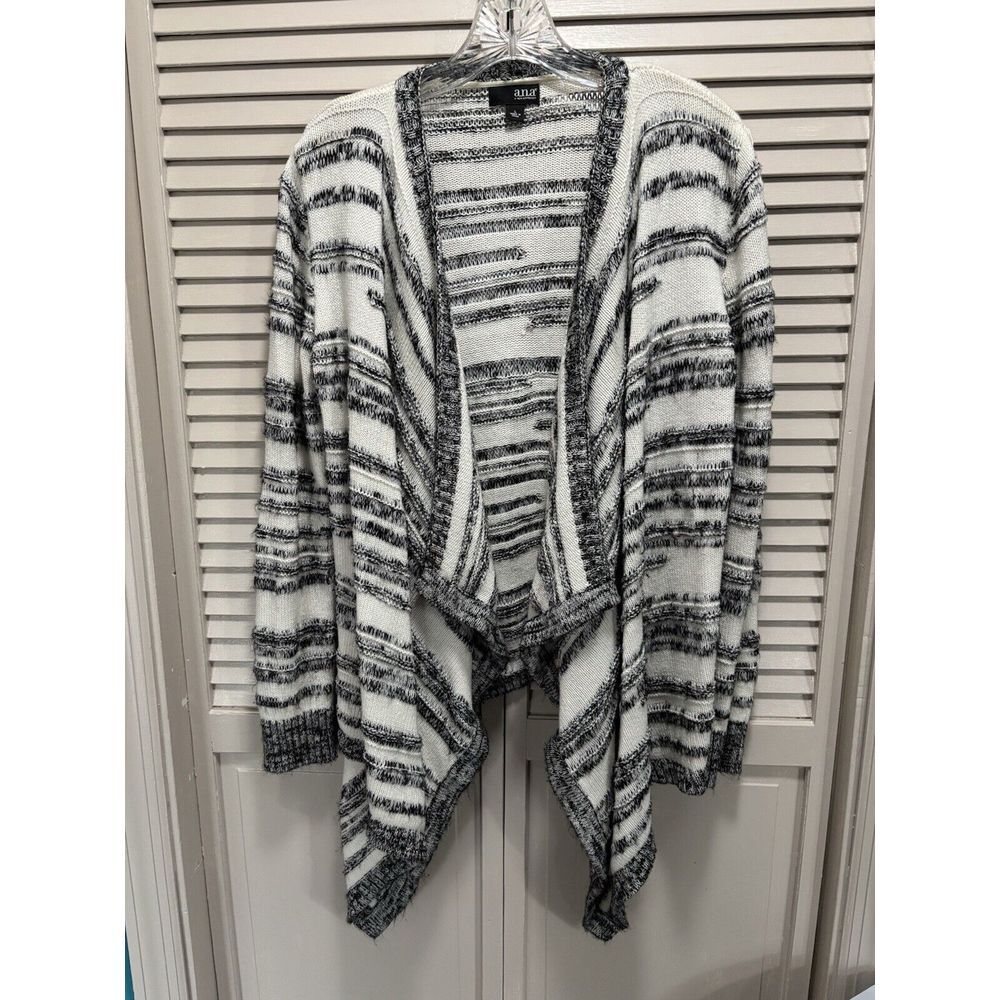ANA Cream/Black/Silver Striped Soft Open Knit‎ Shawl Neck Cardigan Size Large